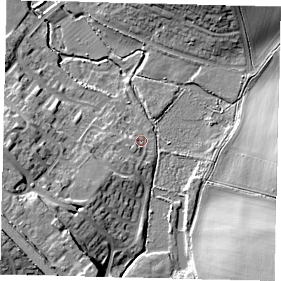 Shaded relief map of the ground around SG40PY, computed from Environment Agency LiDAR. The ground here sits at about 59 m above sea level and falls 19 m across the surrounding 800 m. Surface water reaching this point runs off ground lying to the south-west, 7.6 m higher.