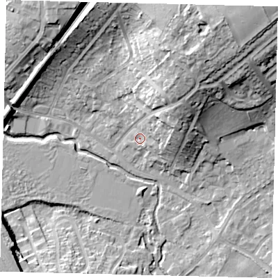 Shaded relief map of the ground around SG40RF, computed from Environment Agency LiDAR. The ground here sits at about 56 m above sea level and falls 25 m across the surrounding 800 m. Surface water reaching this point runs off ground lying to the north-east, 11.6 m higher.