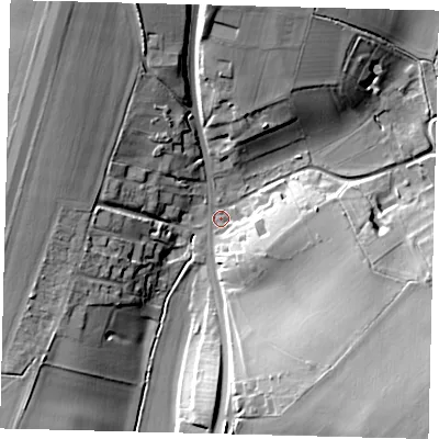 Shaded relief map of the ground around SG47BQ, computed from Environment Agency LiDAR. The ground here sits at about 95 m above sea level and falls 25 m across the surrounding 800 m. Surface water reaching this point runs off ground lying to the south-east, 22.2 m higher.