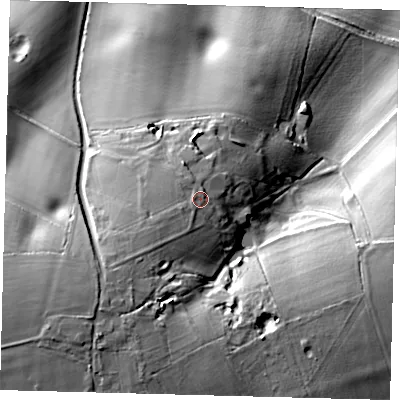 Shaded relief map of the ground around SG47DP, computed from Environment Agency LiDAR. The ground here sits at about 132 m above sea level and falls 33 m across the surrounding 800 m. Surface water reaching this point runs off ground lying to the south-west, 5.3 m higher.