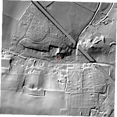 Shaded relief map of the ground around SG47HY, computed from Environment Agency LiDAR. The ground here sits at about 76 m above sea level and falls 27 m across the surrounding 800 m. Surface water reaching this point runs off ground lying to the south, 24.3 m higher.