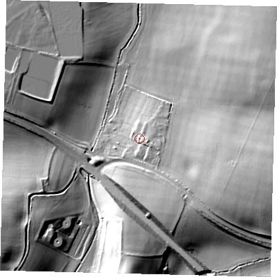 Shaded relief map of the ground around SG47JY, computed from Environment Agency LiDAR. The ground here sits at about 71 m above sea level and falls 23 m across the surrounding 800 m. Surface water reaching this point runs off ground lying to the south-east, 2.6 m higher.