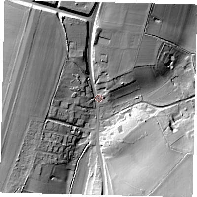 Shaded relief map of the ground around SG47LA, computed from Environment Agency LiDAR. The ground here sits at about 96 m above sea level and falls 23 m across the surrounding 800 m. Surface water reaching this point runs off ground lying to the north-north-west, 18.3 m higher.