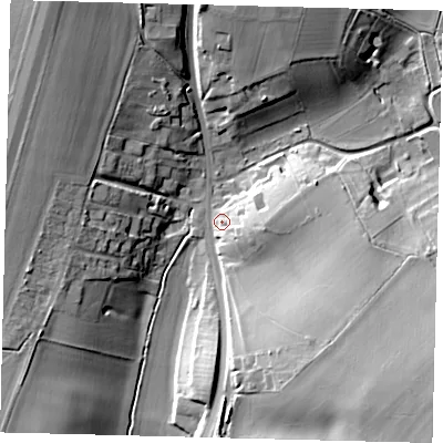 Shaded relief map of the ground around SG47LB, computed from Environment Agency LiDAR. The ground here sits at about 96 m above sea level and falls 26 m across the surrounding 800 m. Surface water reaching this point runs off ground lying to the south-east, 22.0 m higher.