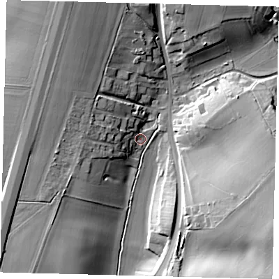 Shaded relief map of the ground around SG47LG, computed from Environment Agency LiDAR. The ground here sits at about 94 m above sea level and falls 24 m across the surrounding 800 m. Surface water reaching this point runs off ground lying to the west-north-west, 12.5 m higher.