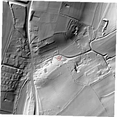 Shaded relief map of the ground around SG47LR, computed from Environment Agency LiDAR. The ground here sits at about 97 m above sea level and falls 26 m across the surrounding 800 m. Surface water reaching this point runs off ground lying to the south-east, 23.4 m higher.