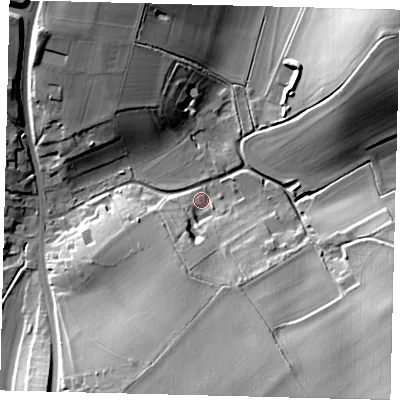 Shaded relief map of the ground around SG47LT, computed from Environment Agency LiDAR. The ground here sits at about 96 m above sea level and falls 29 m across the surrounding 800 m. Surface water reaching this point runs off ground lying to the south, 11.4 m higher.