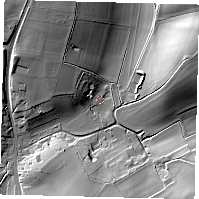 Shaded relief map of the ground around SG47LY, computed from Environment Agency LiDAR. The ground here sits at about 96 m above sea level and falls 29 m across the surrounding 800 m. Surface water reaching this point runs off ground lying to the north-north-west, 21.8 m higher.