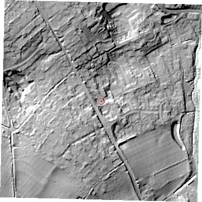 Shaded relief map of the ground around SG47NE, computed from Environment Agency LiDAR. The ground here sits at about 77 m above sea level and falls 25 m across the surrounding 800 m. Surface water reaching this point runs off ground lying to the south-west, 8.8 m higher.
