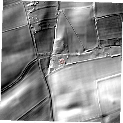 Shaded relief map of the ground around SG47NP, computed from Environment Agency LiDAR. The ground here sits at about 78 m above sea level and falls 32 m across the surrounding 800 m. Surface water reaching this point runs off ground lying to the south-south-east, 16.9 m higher.
