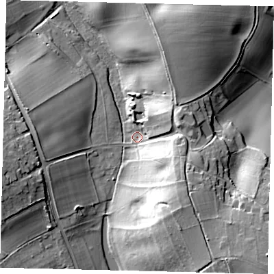 Shaded relief map of the ground around SG47NU, computed from Environment Agency LiDAR. The ground here sits at about 72 m above sea level and falls 31 m across the surrounding 800 m. Surface water reaching this point runs off ground lying to the south-east, 24.8 m higher.