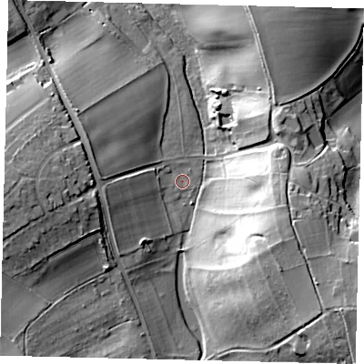 Shaded relief map of the ground around SG47NX, computed from Environment Agency LiDAR. The ground here sits at about 71 m above sea level and falls 29 m across the surrounding 800 m. Surface water reaching this point runs off ground lying to the east-south-east, 25.2 m higher.