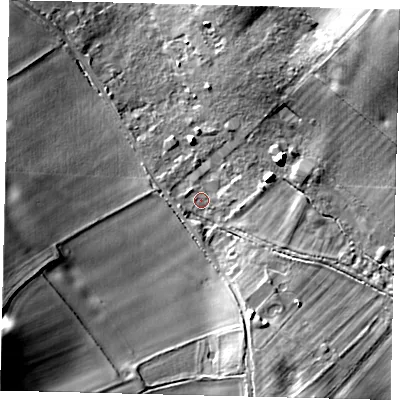 Shaded relief map of the ground around SG47PQ, computed from Environment Agency LiDAR. The ground here sits at about 91 m above sea level and falls 27 m across the surrounding 800 m. Surface water reaching this point runs off ground lying to the west-south-west, 1.8 m higher.