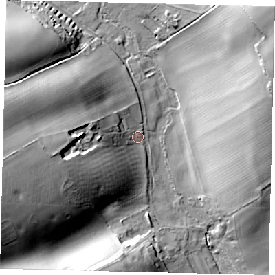 Shaded relief map of the ground around SG48AD, computed from Environment Agency LiDAR. The ground here sits at about 87 m above sea level and falls 46 m across the surrounding 800 m. Surface water reaching this point runs off ground lying to the west-south-west, 23.2 m higher.