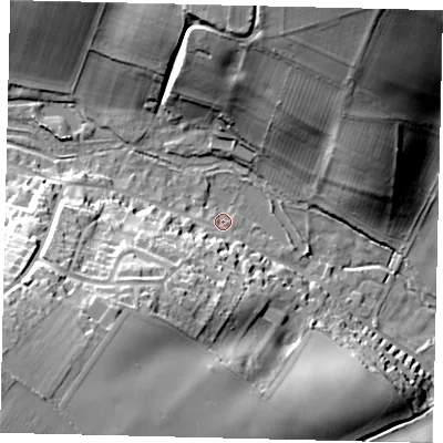 Shaded relief map of the ground around SG48AG, computed from Environment Agency LiDAR. The ground here sits at about 89 m above sea level and falls 36 m across the surrounding 800 m. Surface water reaching this point runs off ground lying to the south-west, 28.1 m higher.