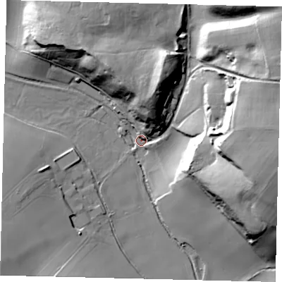 Shaded relief map of the ground around SG48SL, computed from Environment Agency LiDAR. The ground here sits at about 75 m above sea level and falls 39 m across the surrounding 800 m. Surface water reaching this point runs off ground lying to the east, 36.6 m higher.