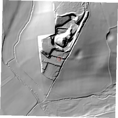 Shaded relief map of the ground around SG48SP, computed from Environment Agency LiDAR. The ground here sits at about 86 m above sea level and falls 40 m across the surrounding 800 m. Surface water reaching this point runs off ground lying to the north-north-west, 9.4 m higher.