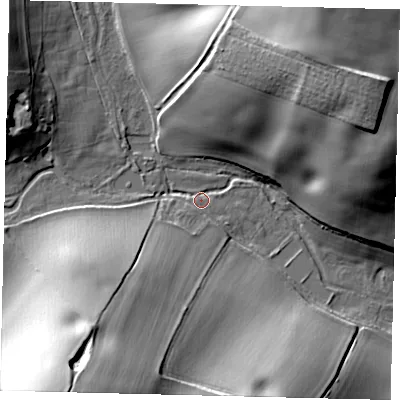 Shaded relief map of the ground around SG48ST, computed from Environment Agency LiDAR. The ground here sits at about 77 m above sea level and falls 33 m across the surrounding 800 m. Surface water reaching this point runs off ground lying to the south-west, 32.7 m higher.