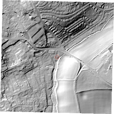 Shaded relief map of the ground around SG49EB, computed from Environment Agency LiDAR. The ground here sits at about 66 m above sea level and falls 30 m across the surrounding 800 m. Surface water reaching this point runs off ground lying to the north-north-west, 25.2 m higher.