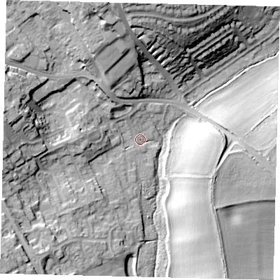 Shaded relief map of the ground around SG49EF, computed from Environment Agency LiDAR. The ground here sits at about 67 m above sea level and falls 26 m across the surrounding 800 m. Surface water reaching this point runs off ground lying to the north, 20.8 m higher.