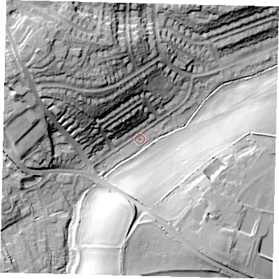 Shaded relief map of the ground around SG49JB, computed from Environment Agency LiDAR. The ground here sits at about 64 m above sea level and falls 31 m across the surrounding 800 m. Surface water reaching this point runs off ground lying to the north-west, 28.5 m higher.