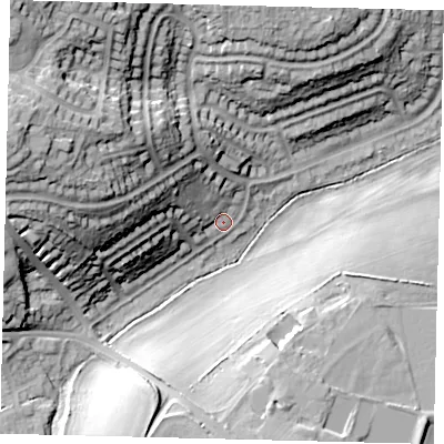 Shaded relief map of the ground around SG49JD, computed from Environment Agency LiDAR. The ground here sits at about 65 m above sea level and falls 31 m across the surrounding 800 m. Surface water reaching this point runs off ground lying to the west-north-west, 13.4 m higher.