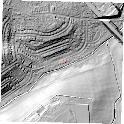 Shaded relief map of the ground around SG49NU, computed from Environment Agency LiDAR. The ground here sits at about 63 m above sea level and falls 28 m across the surrounding 800 m. Surface water reaching this point runs off ground lying to the north-west, 26.5 m higher.
