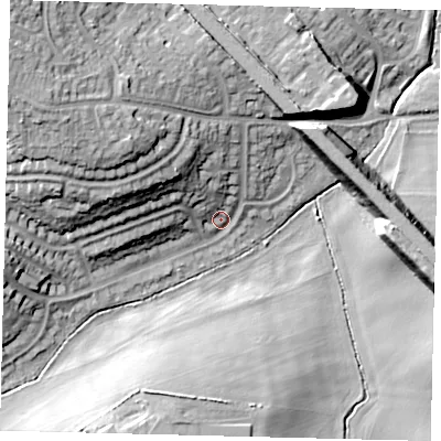 Shaded relief map of the ground around SG49NX, computed from Environment Agency LiDAR. The ground here sits at about 63 m above sea level and falls 26 m across the surrounding 800 m. Surface water reaching this point runs off ground lying to the west-north-west, 20.1 m higher.