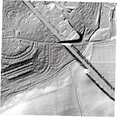 Shaded relief map of the ground around SG49NY, computed from Environment Agency LiDAR. The ground here sits at about 63 m above sea level and falls 24 m across the surrounding 800 m. Surface water reaching this point runs off ground lying to the west-north-west, 20.8 m higher.