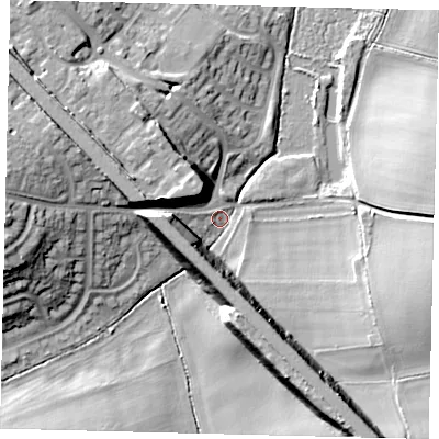 Shaded relief map of the ground around SG49QL, computed from Environment Agency LiDAR. The ground here sits at about 60 m above sea level and falls 17 m across the surrounding 800 m. Surface water reaching this point runs off ground lying to the south-east, 15.6 m higher.
