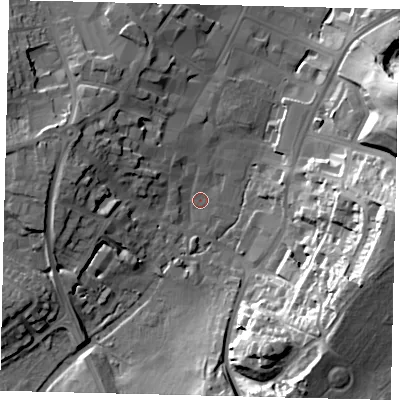 Shaded relief map of the ground around SG51AE, computed from Environment Agency LiDAR. The ground here sits at about 64 m above sea level and falls 31 m across the surrounding 800 m. Surface water reaching this point runs off ground lying to the west-north-west, 9.4 m higher.