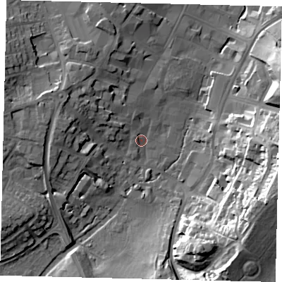 Shaded relief map of the ground around SG51AH, computed from Environment Agency LiDAR. The ground here sits at about 64 m above sea level and falls 30 m across the surrounding 800 m. Surface water reaching this point runs off ground lying to the west-north-west, 9.4 m higher.