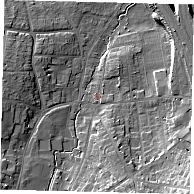 Shaded relief map of the ground around SG51DA, computed from Environment Agency LiDAR. The ground here sits at about 58 m above sea level and falls 24 m across the surrounding 800 m. Surface water reaching this point runs off ground lying to the south-south-west, 1.1 m higher.