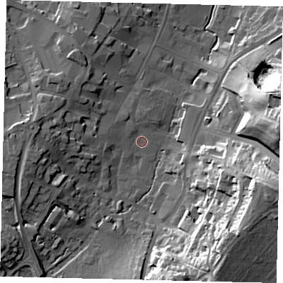 Shaded relief map of the ground around SG51DN, computed from Environment Agency LiDAR. The ground here sits at about 64 m above sea level and falls 34 m across the surrounding 800 m. Surface water reaching this point runs off ground lying to the west-north-west, 4.0 m higher.