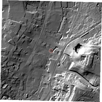 Shaded relief map of the ground around SG51EU, computed from Environment Agency LiDAR. The ground here sits at about 62 m above sea level and falls 38 m across the surrounding 800 m. Surface water reaching this point runs off ground lying to the east-south-east, 35.5 m higher.