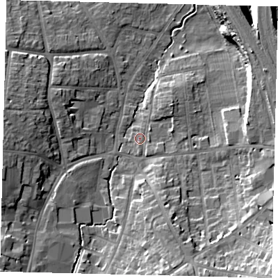 Shaded relief map of the ground around SG51GW, computed from Environment Agency LiDAR. The ground here sits at about 57 m above sea level and falls 21 m across the surrounding 800 m. Surface water reaching this point runs off ground lying to the south, 1.3 m higher.
