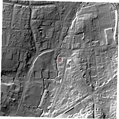 Shaded relief map of the ground around SG51PQ, computed from Environment Agency LiDAR. The ground here sits at about 58 m above sea level and falls 24 m across the surrounding 800 m. Surface water reaching this point runs off ground lying to the south, 11.1 m higher.