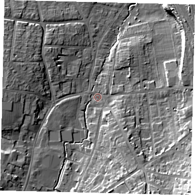 Shaded relief map of the ground around SG51QT, computed from Environment Agency LiDAR. The ground here sits at about 57 m above sea level and falls 24 m across the surrounding 800 m. Surface water reaching this point runs off ground lying to the south-south-east, 16.4 m higher.