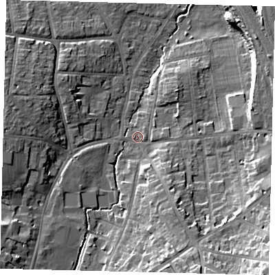 Shaded relief map of the ground around SG51QU, computed from Environment Agency LiDAR. The ground here sits at about 57 m above sea level and falls 22 m across the surrounding 800 m. Surface water reaching this point runs off ground lying to the south-south-east, 12.4 m higher.