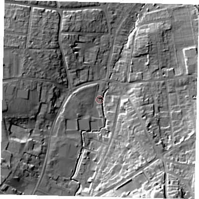 Shaded relief map of the ground around SG51QW, computed from Environment Agency LiDAR. The ground here sits at about 58 m above sea level and falls 24 m across the surrounding 800 m. Surface water reaching this point runs off ground lying to the south, 11.1 m higher.