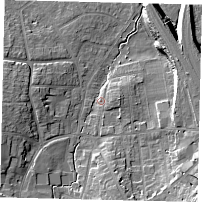 Shaded relief map of the ground around SG51QZ, computed from Environment Agency LiDAR. The ground here sits at about 58 m above sea level and falls 18 m across the surrounding 800 m. Surface water reaching this point runs off ground lying to the south-east, 16.4 m higher.