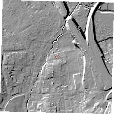 Shaded relief map of the ground around SG51RB, computed from Environment Agency LiDAR. The ground here sits at about 57 m above sea level and falls 23 m across the surrounding 800 m. Surface water reaching this point runs off ground lying to the south, 3.3 m higher.