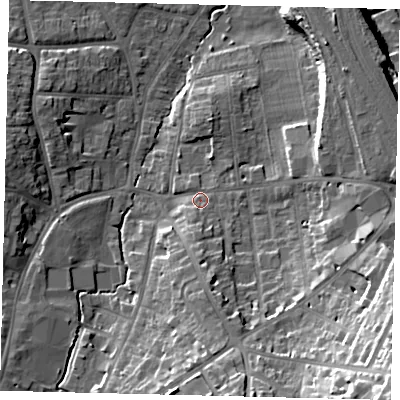 Shaded relief map of the ground around SG51RG, computed from Environment Agency LiDAR. The ground here sits at about 59 m above sea level and falls 30 m across the surrounding 800 m. Surface water reaching this point runs off ground lying to the south-south-west, 2.8 m higher.