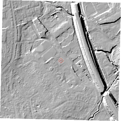 Shaded relief map of the ground around SG51RT, computed from Environment Agency LiDAR. The ground here sits at about 54 m above sea level and falls 16 m across the surrounding 800 m. Surface water reaching this point runs off ground lying to the south, 3.3 m higher.