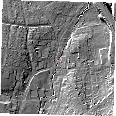 Shaded relief map of the ground around SG51SE, computed from Environment Agency LiDAR. The ground here sits at about 57 m above sea level and falls 17 m across the surrounding 800 m. Surface water reaching this point runs off ground lying to the south-south-east, 12.2 m higher.