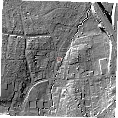 Shaded relief map of the ground around SG51SF, computed from Environment Agency LiDAR. The ground here sits at about 57 m above sea level and falls 15 m across the surrounding 800 m. Surface water reaching this point runs off ground lying to the west-south-west, 11.8 m higher.