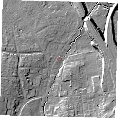 Shaded relief map of the ground around SG51SG, computed from Environment Agency LiDAR. The ground here sits at about 56 m above sea level and falls 15 m across the surrounding 800 m. Surface water reaching this point runs off ground lying to the west-south-west, 11.2 m higher.