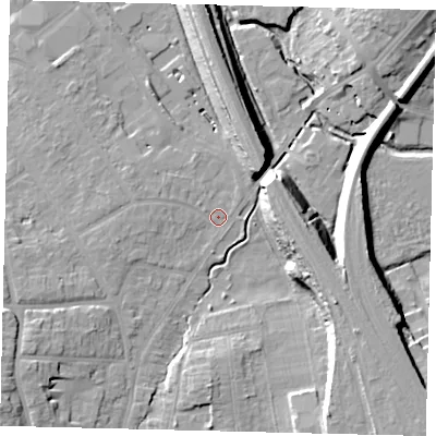 Shaded relief map of the ground around SG51SQ, computed from Environment Agency LiDAR. The ground here sits at about 55 m above sea level and falls 15 m across the surrounding 800 m. Surface water reaching this point runs off ground lying to the west-south-west, 3.2 m higher.