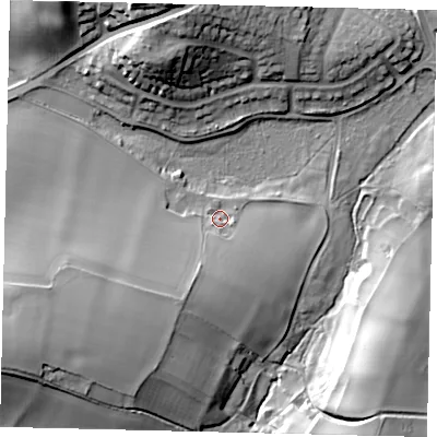 Shaded relief map of the ground around SG52AB, computed from Environment Agency LiDAR. The ground here sits at about 70 m above sea level and falls 26 m across the surrounding 800 m. Surface water reaching this point runs off ground lying to the south-south-west, 12.2 m higher.
