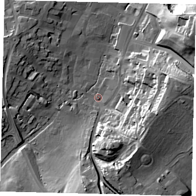 Shaded relief map of the ground around SG52DE, computed from Environment Agency LiDAR. The ground here sits at about 64 m above sea level and falls 36 m across the surrounding 800 m. Surface water reaching this point runs off ground lying to the east-south-east, 25.3 m higher.